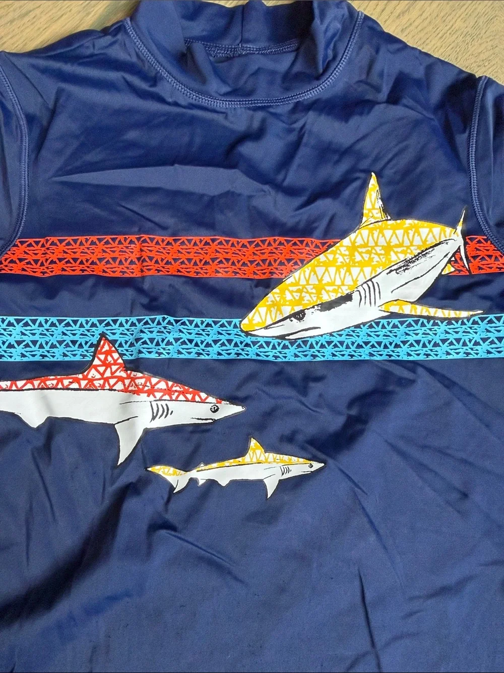 Lands' End Boys Navy Rashguard with Red, Blue & Yellow Shark Design